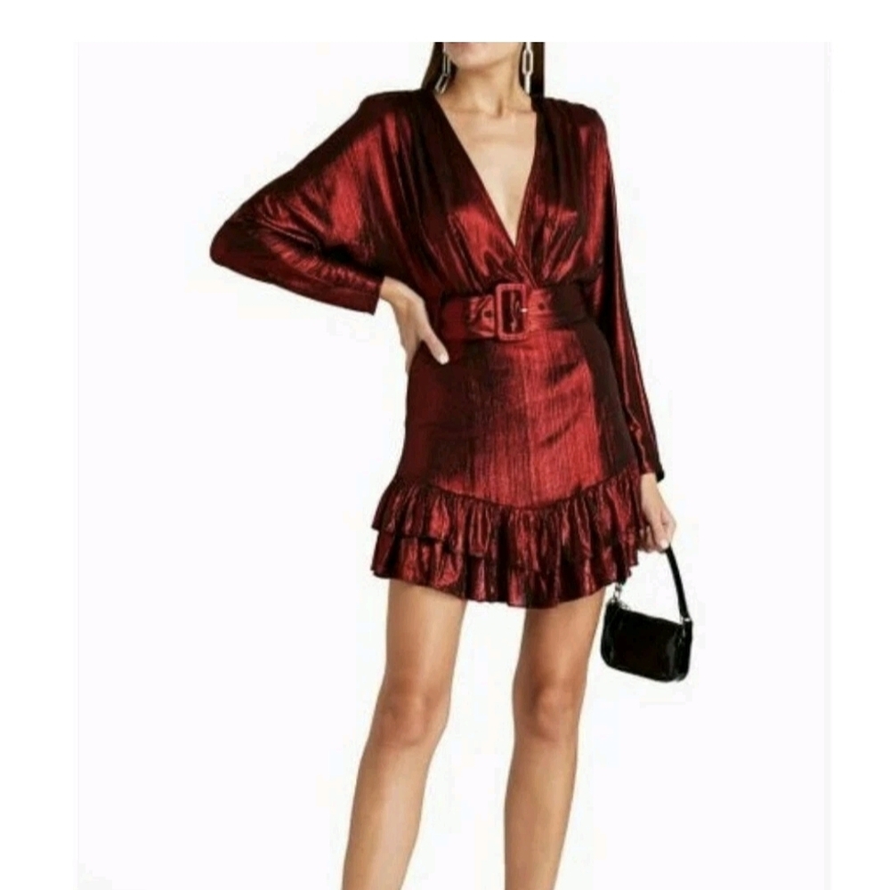 NWT $595 Retrofete XL Maureen Dress Red Belted Shimmer 2 Tier Ruffled Hem Lined